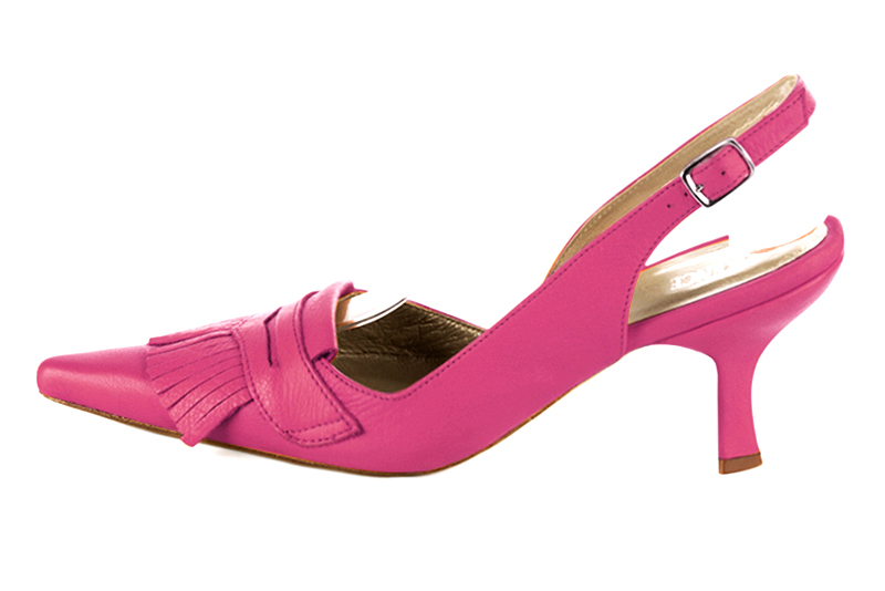 Fuschia pink women's slingback shoes. Pointed toe. High spool heels. Profile view - Florence KOOIJMAN